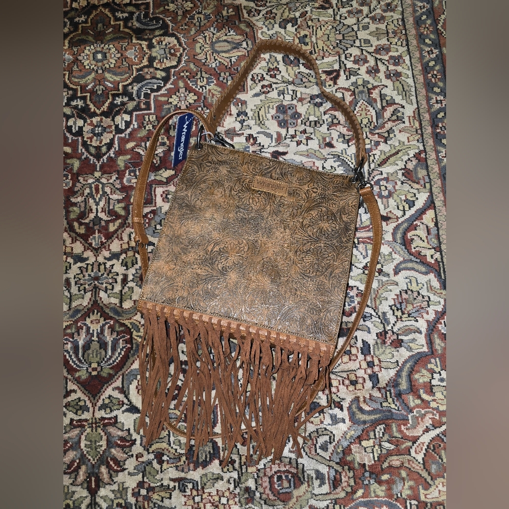 Wrangler Brown Tooled Leather Fringe Crossbody Bag